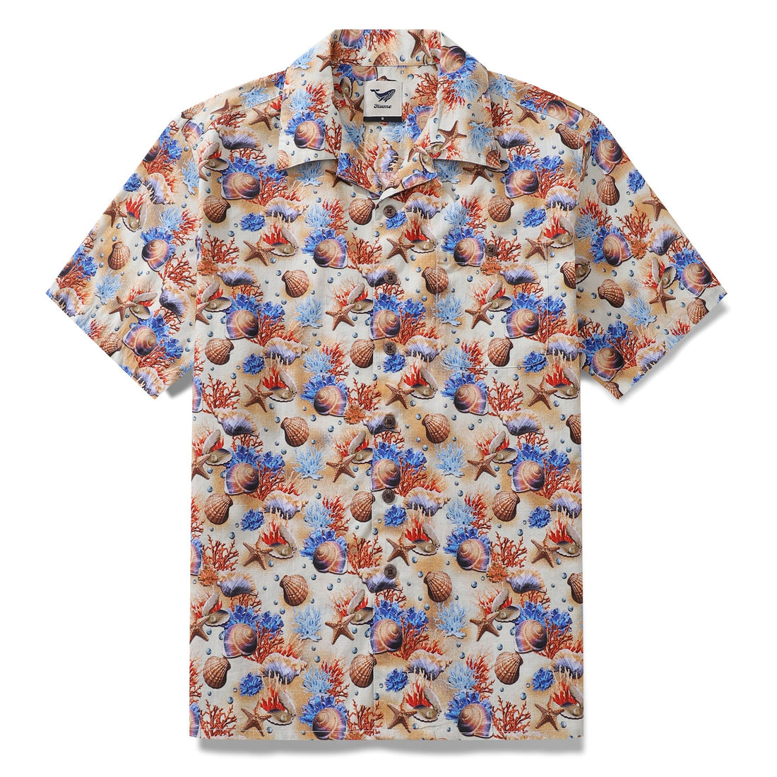Men's cotton Hawaiian shirt with a maritime-inspired sea shell print in beige, blue, and orange