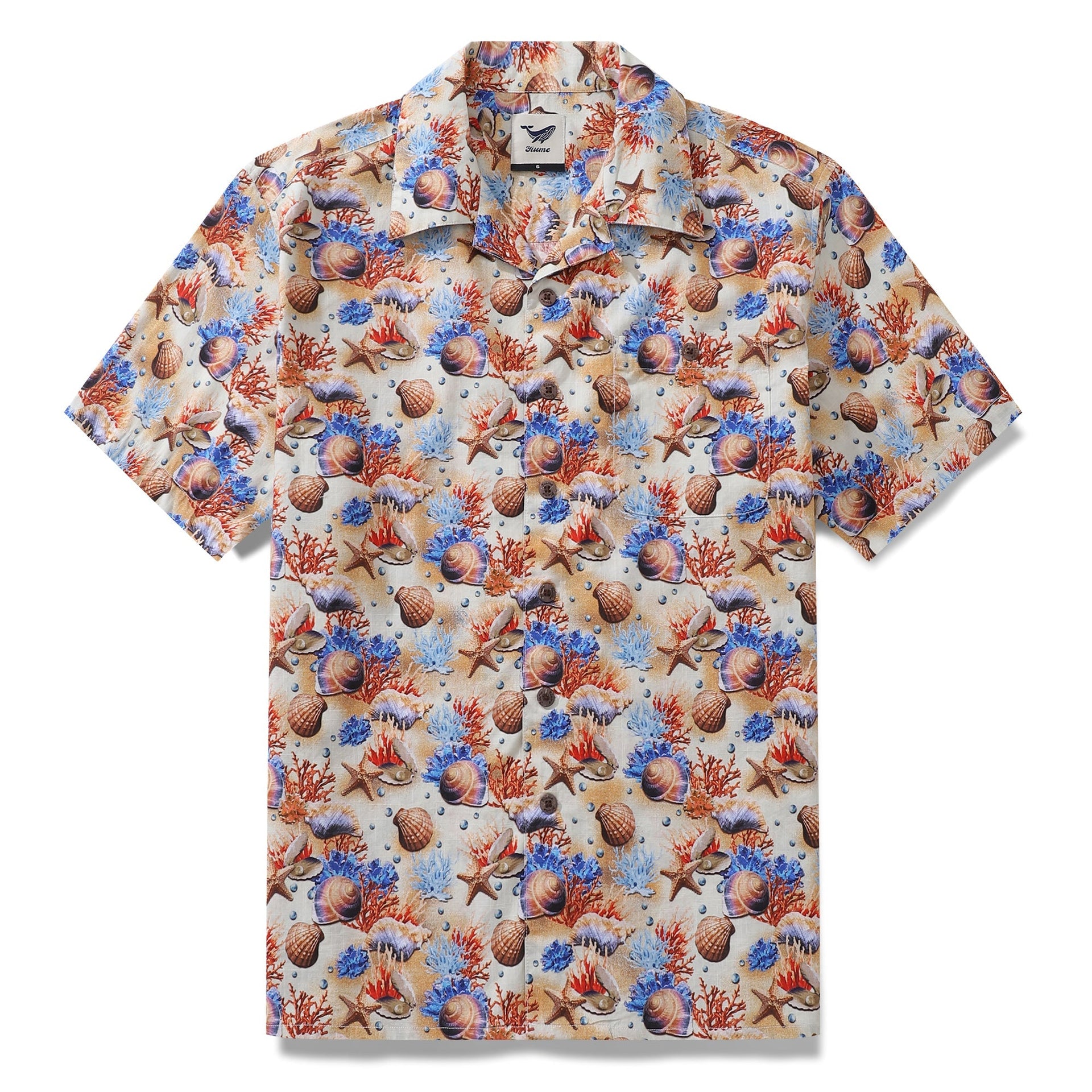 Men's cotton Hawaiian shirt with a maritime-inspired sea shell print in beige, blue, and orange