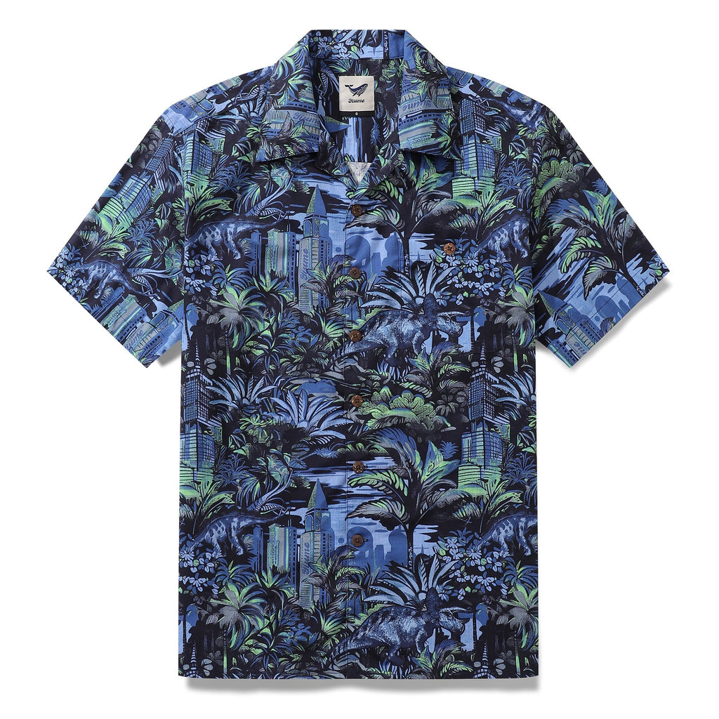 Men's cotton camp collar shirt featuring a tropical cityscape print with hidden dinosaur silhouettes