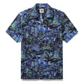 Men's cotton camp collar shirt featuring a tropical cityscape print with hidden dinosaur silhouettes