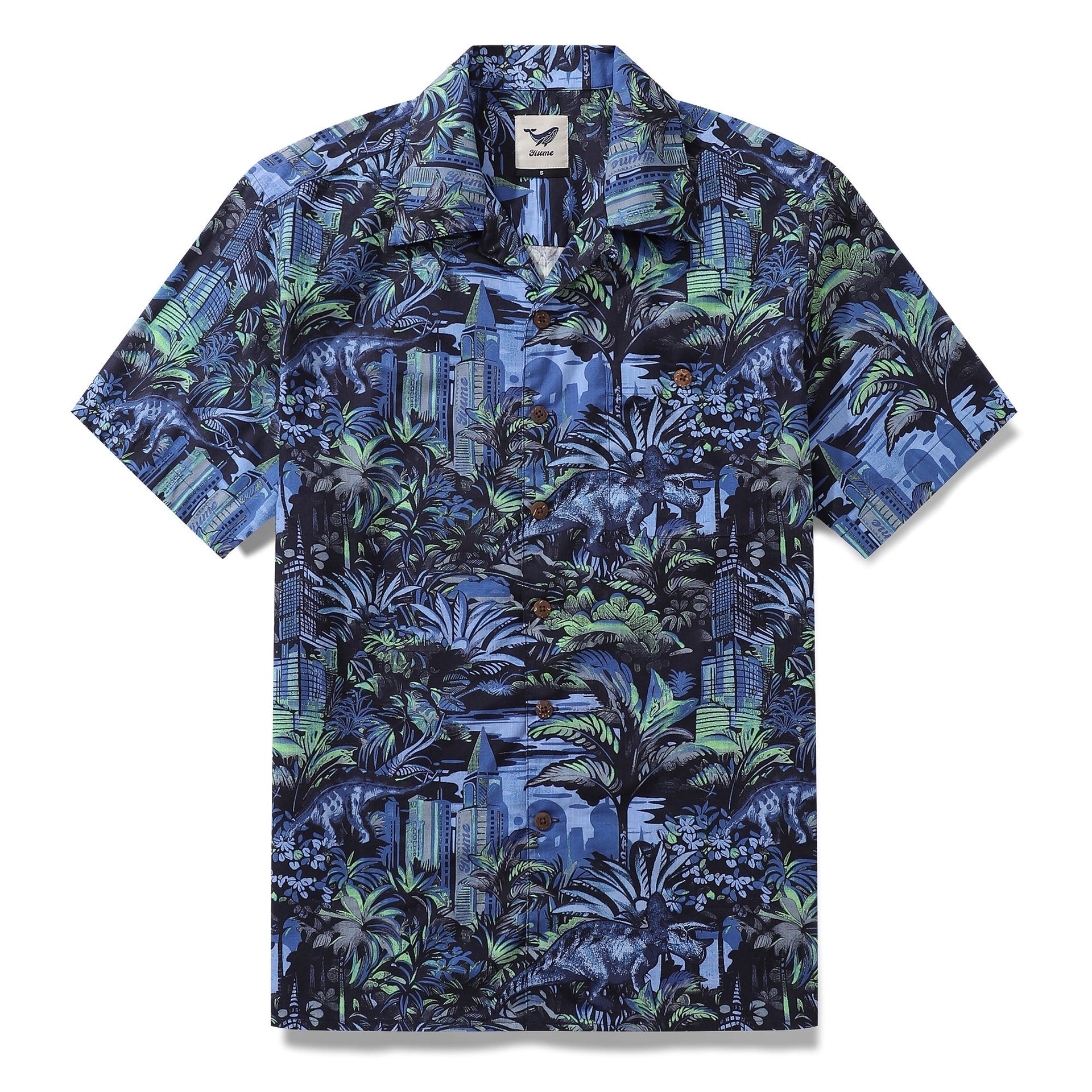Men's cotton camp collar shirt featuring a tropical cityscape print with hidden dinosaur silhouettes