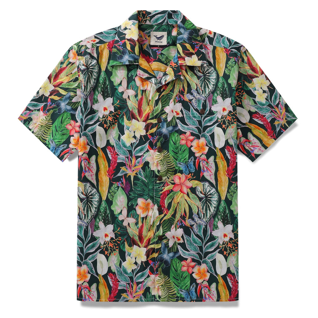Men's botanical butterfly floral print Hawaiian shirt in green