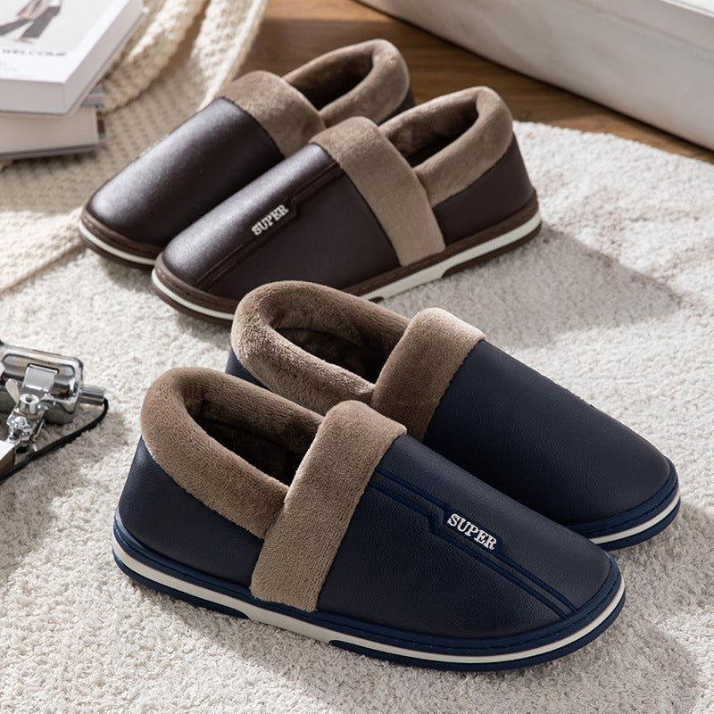 Waterproof faux leather house slippers with plush fur lining and anti-slip rubber sole