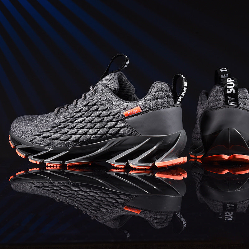 Men's lightweight breathable knit running sneakers in black, red, and orange colorways