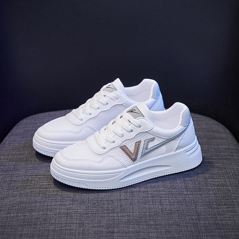 Women's White Platform Sneakers PU Leather Casual Lace-Up Shoes