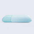 A light blue cooling memory foam pillow showing a perforated core and a smooth, breathable outer cover.