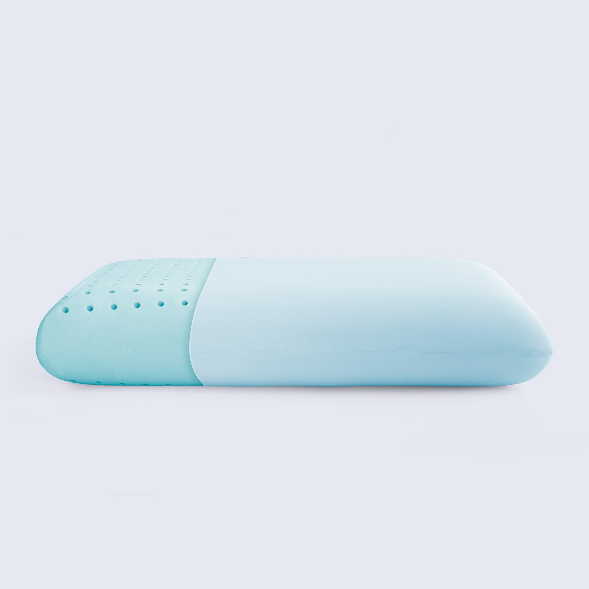 A light blue cooling memory foam pillow showing a perforated core and a smooth, breathable outer cover.