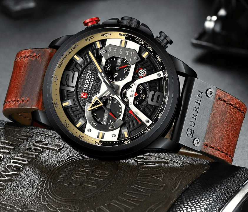 Men's Waterproof Sports Chronograph Watch with Leather Strap