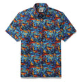 1960s vintage style cubism print Hawaiian shirt in blue, red, and yellow