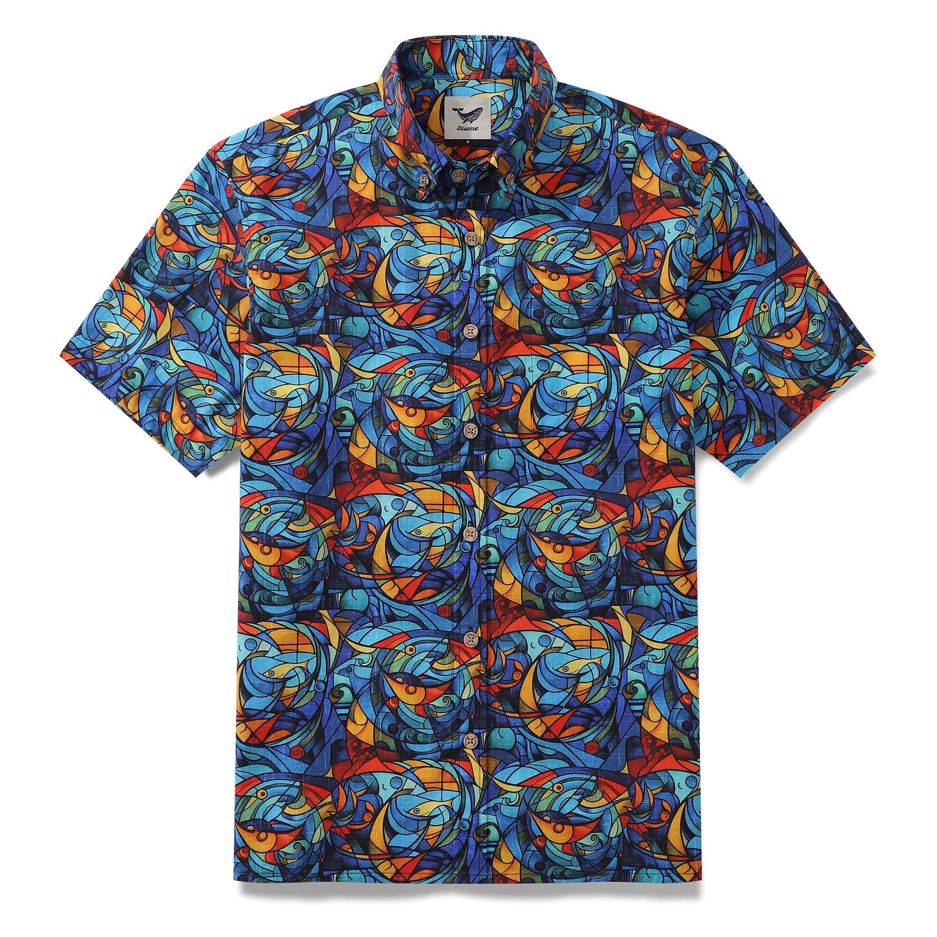 1960s vintage style cubism print Hawaiian shirt in blue, red, and yellow