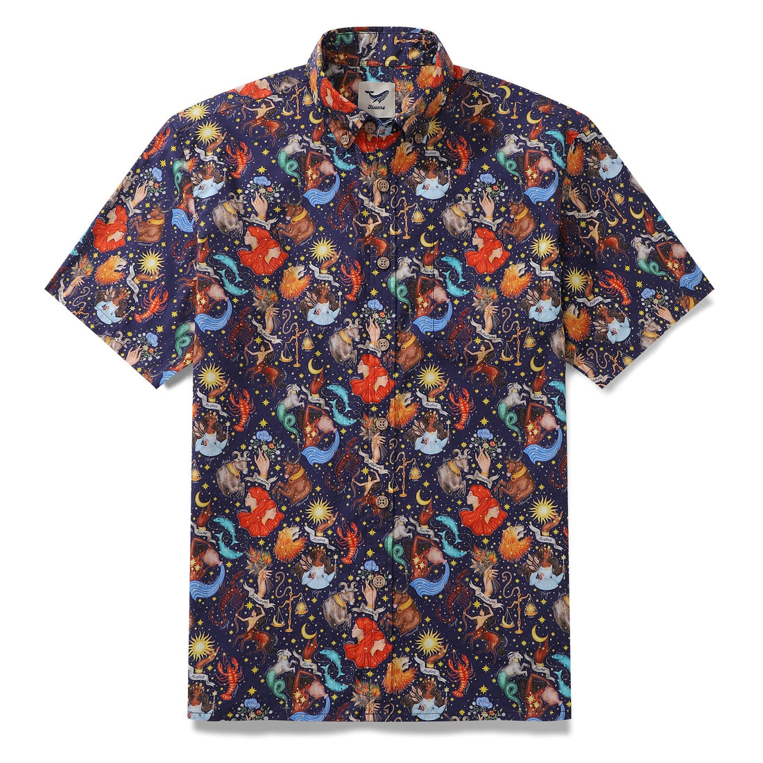 Navy blue button-down Aloha shirt featuring Catherine Rowe zodiac constellation illustrations