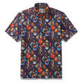 Navy blue button-down Aloha shirt featuring Catherine Rowe zodiac constellation illustrations
