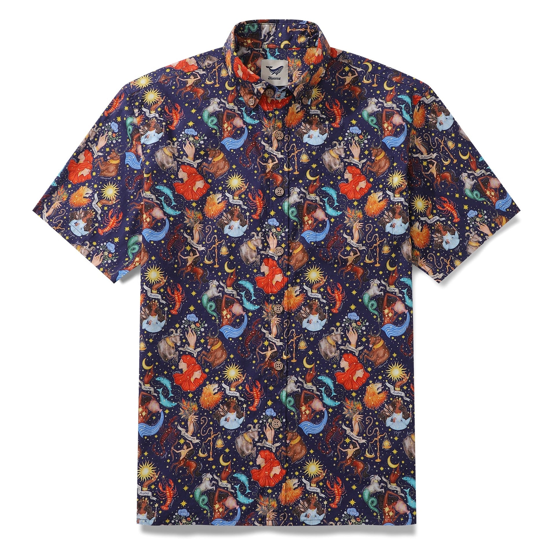 Navy blue button-down Aloha shirt featuring Catherine Rowe zodiac constellation illustrations