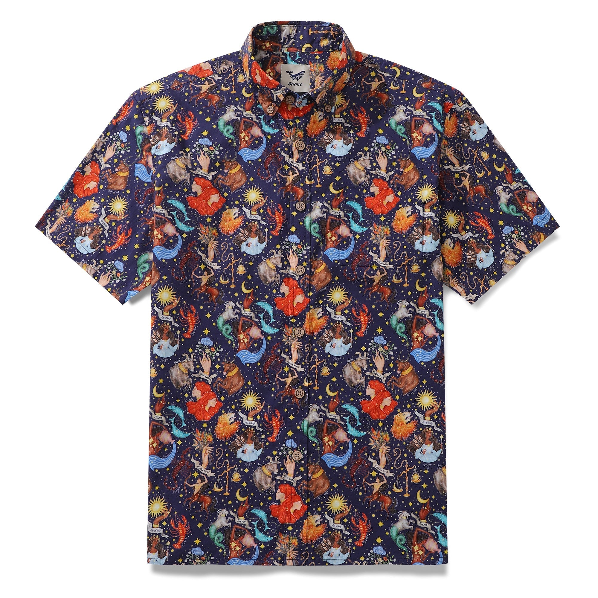 Navy blue button-down Aloha shirt featuring Catherine Rowe zodiac constellation illustrations