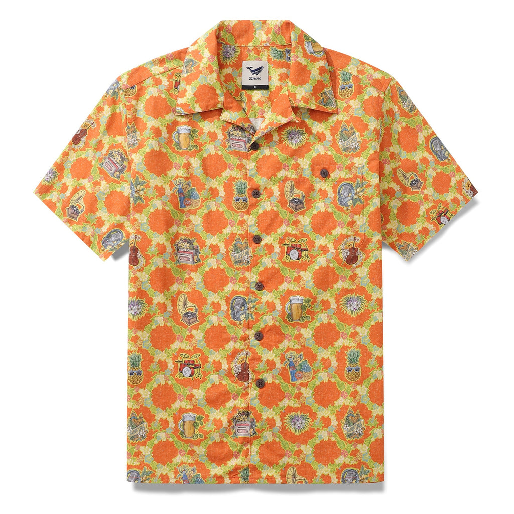 Men's vintage-style Hawaiian shirt in vibrant orange with tropical green and yellow musical motifs