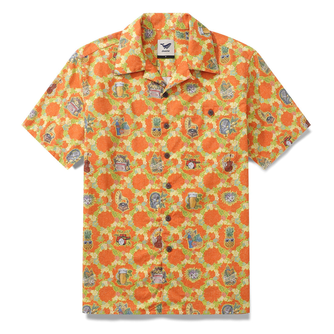Men's vintage-style Hawaiian shirt in vibrant orange with tropical green and yellow musical motifs