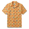 Men's vintage-style Hawaiian shirt in vibrant orange with tropical green and yellow musical motifs