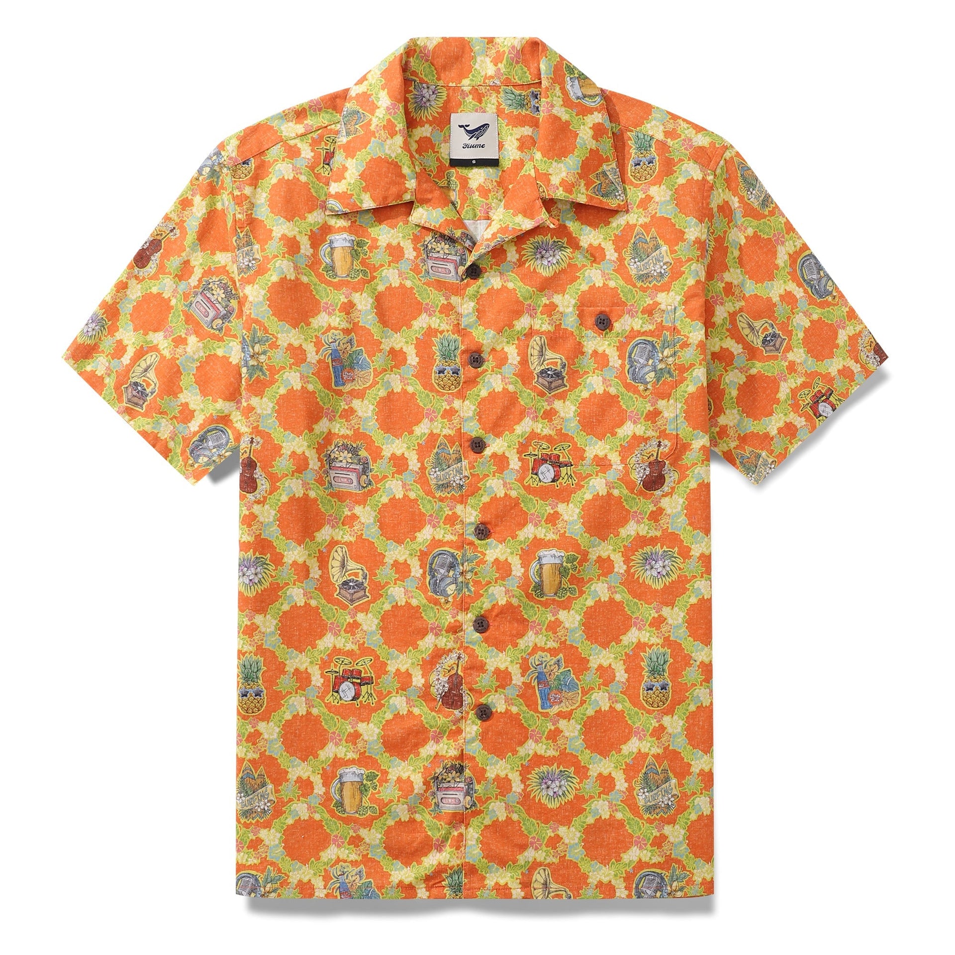 Men's vintage-style Hawaiian shirt in vibrant orange with tropical green and yellow musical motifs
