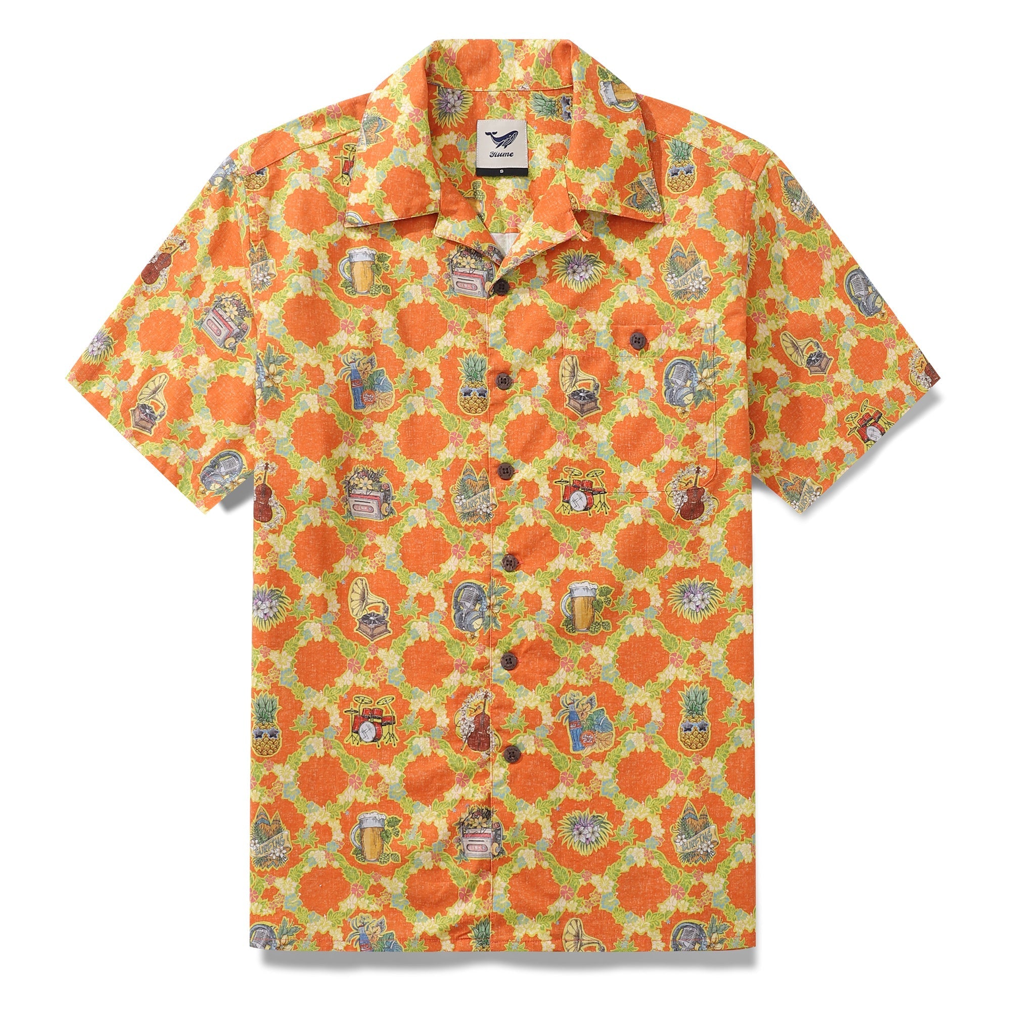 Men's vintage-style Hawaiian shirt in vibrant orange with tropical green and yellow musical motifs