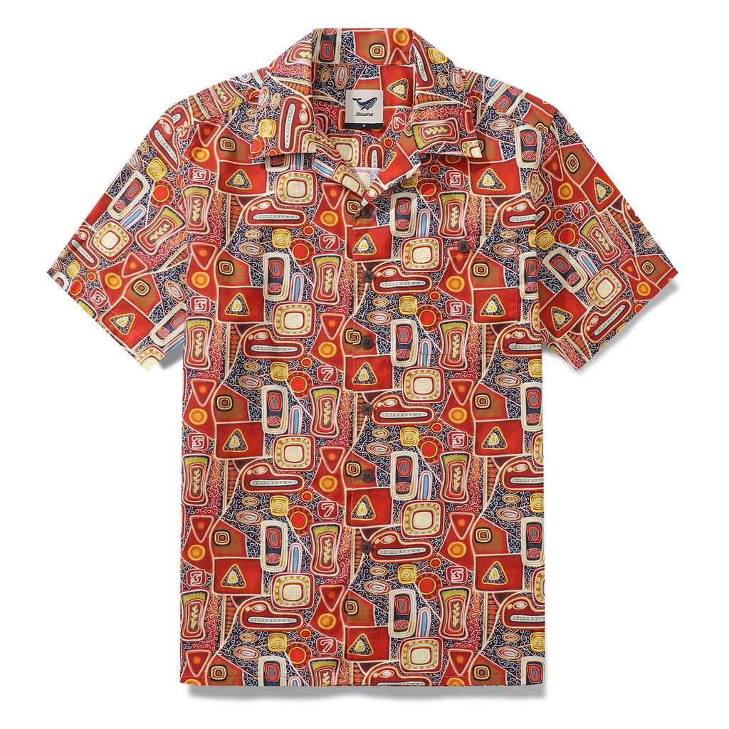 Men's 1970s retro Hawaiian shirt with abstract neon red, yellow, and orange patterns.