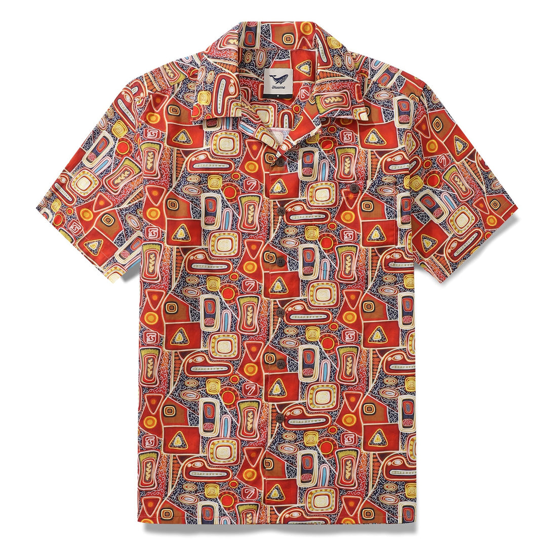 Men's 1970s retro Hawaiian shirt with abstract neon red, yellow, and orange patterns.