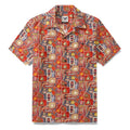 Men's 1970s retro Hawaiian shirt with abstract neon red, yellow, and orange patterns.