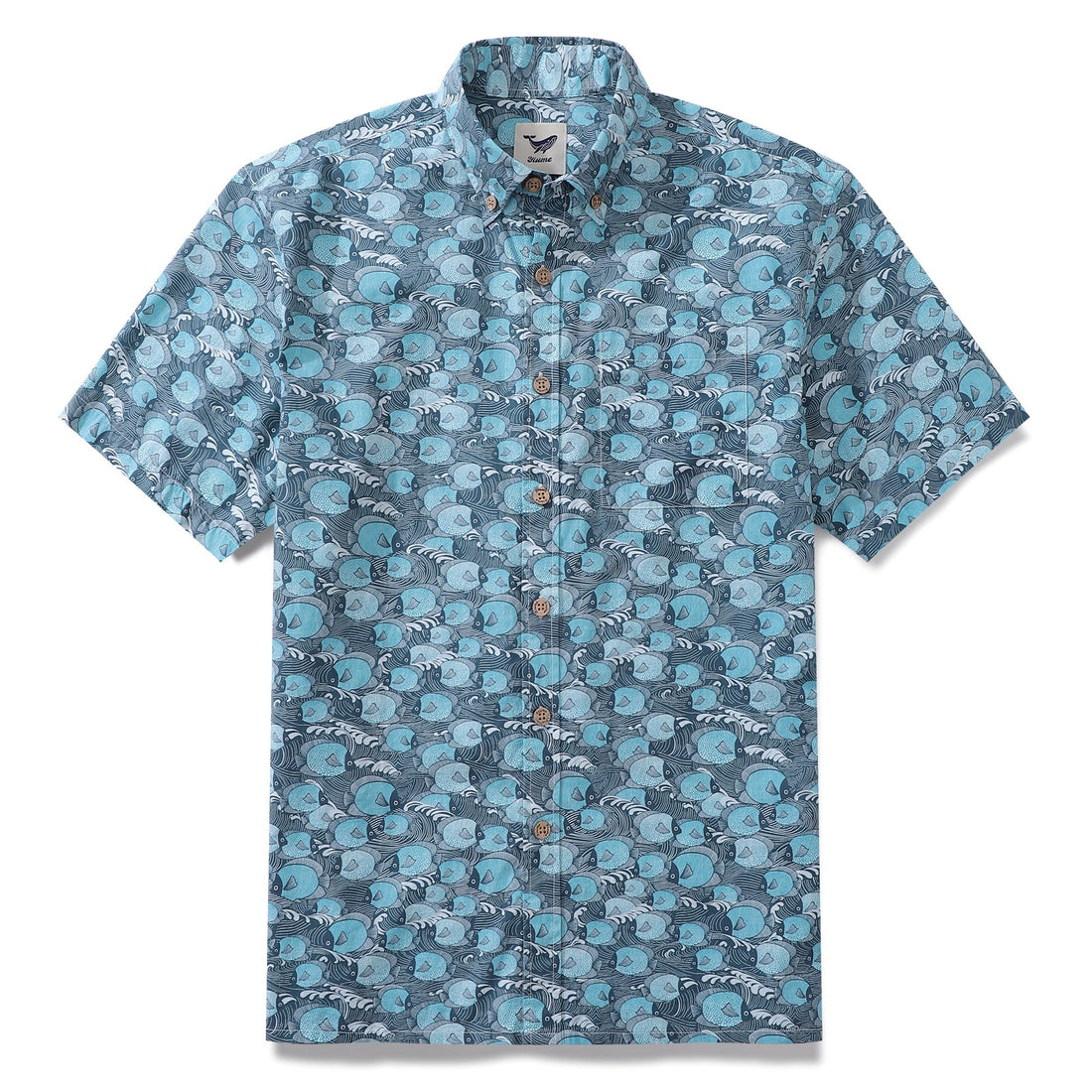 Men wearing a blue short-sleeve Hawaiian shirt with a white dottyfish print