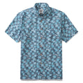 Men wearing a blue short-sleeve Hawaiian shirt with a white dottyfish print
