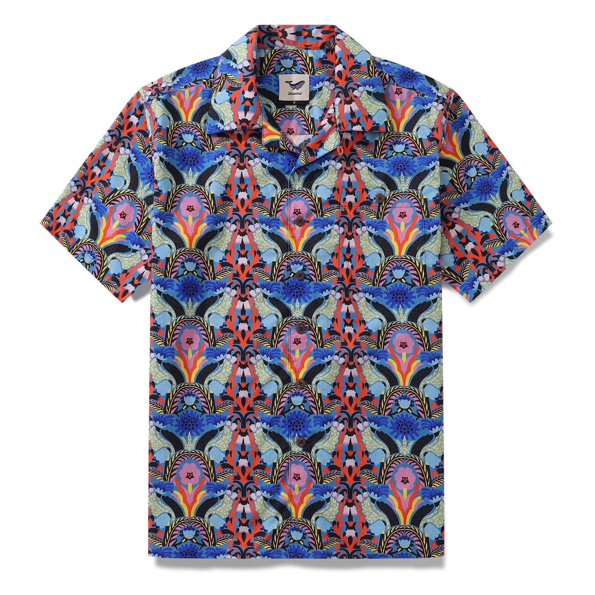 Colorful floral Hawaiian shirt featuring a flower wheel pattern in blue, red, and orange