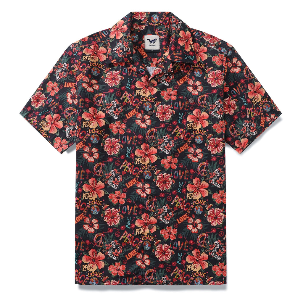 Men's blue and white musical hibiscus print cotton shirt with camp collar