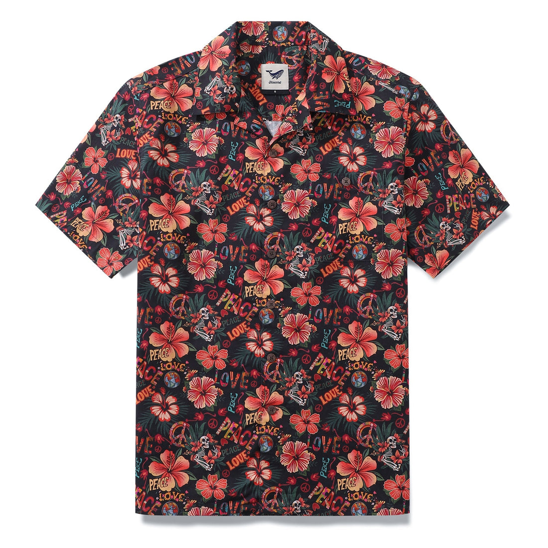 Men's blue and white musical hibiscus print cotton shirt with camp collar