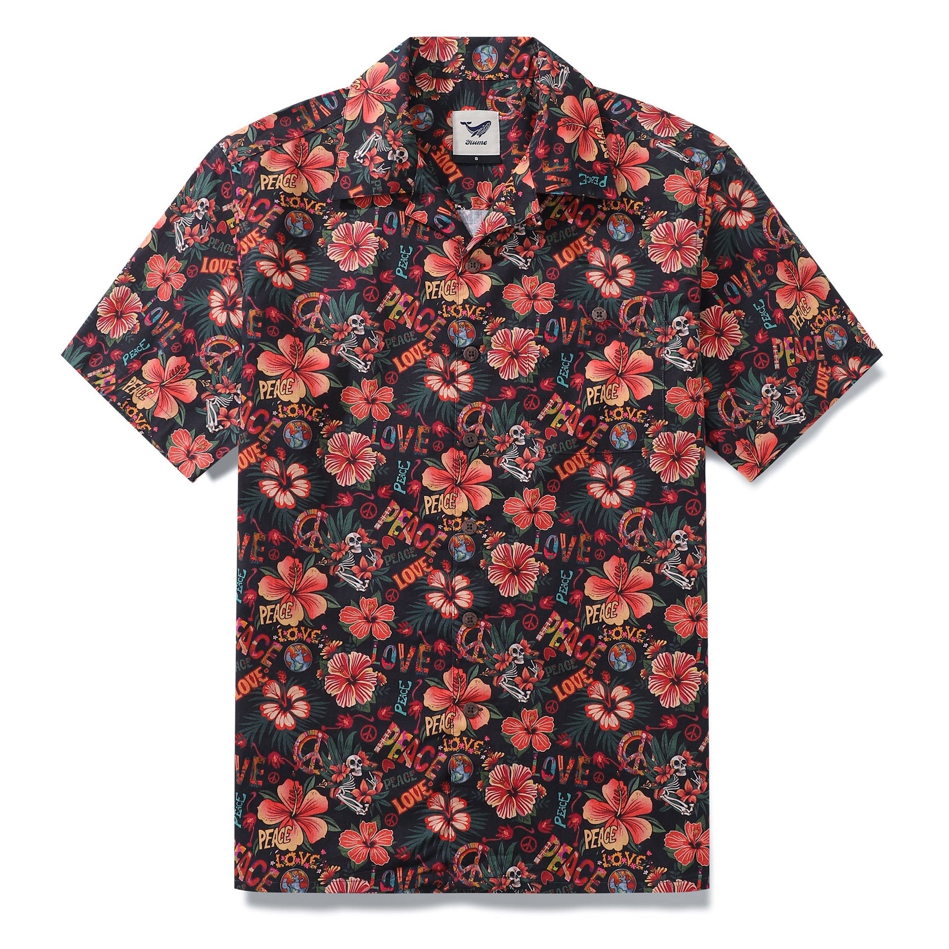 Men's blue and white musical hibiscus print cotton shirt with camp collar