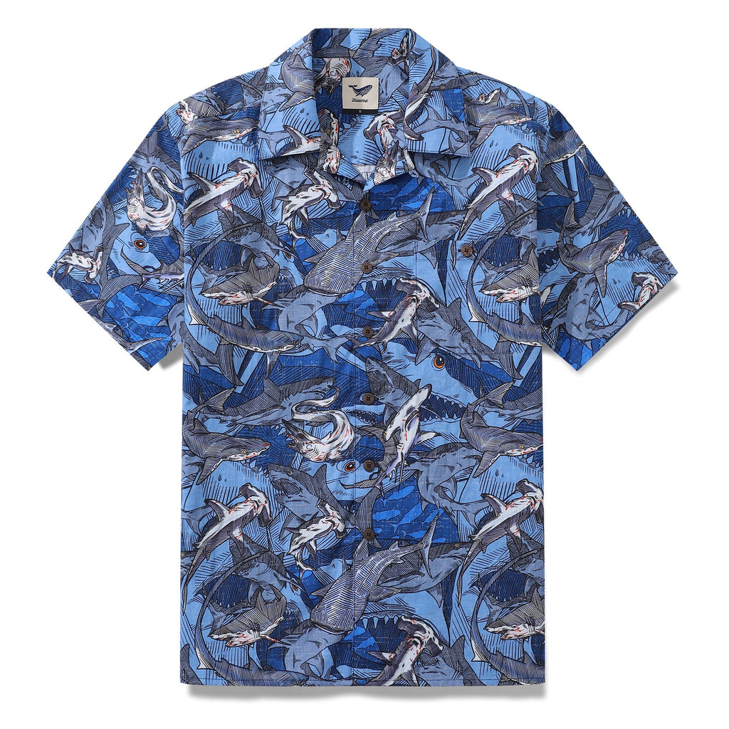 Navy blue Hawaiian camp shirt with an all-over shark pattern