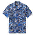 Navy blue Hawaiian camp shirt with an all-over shark pattern