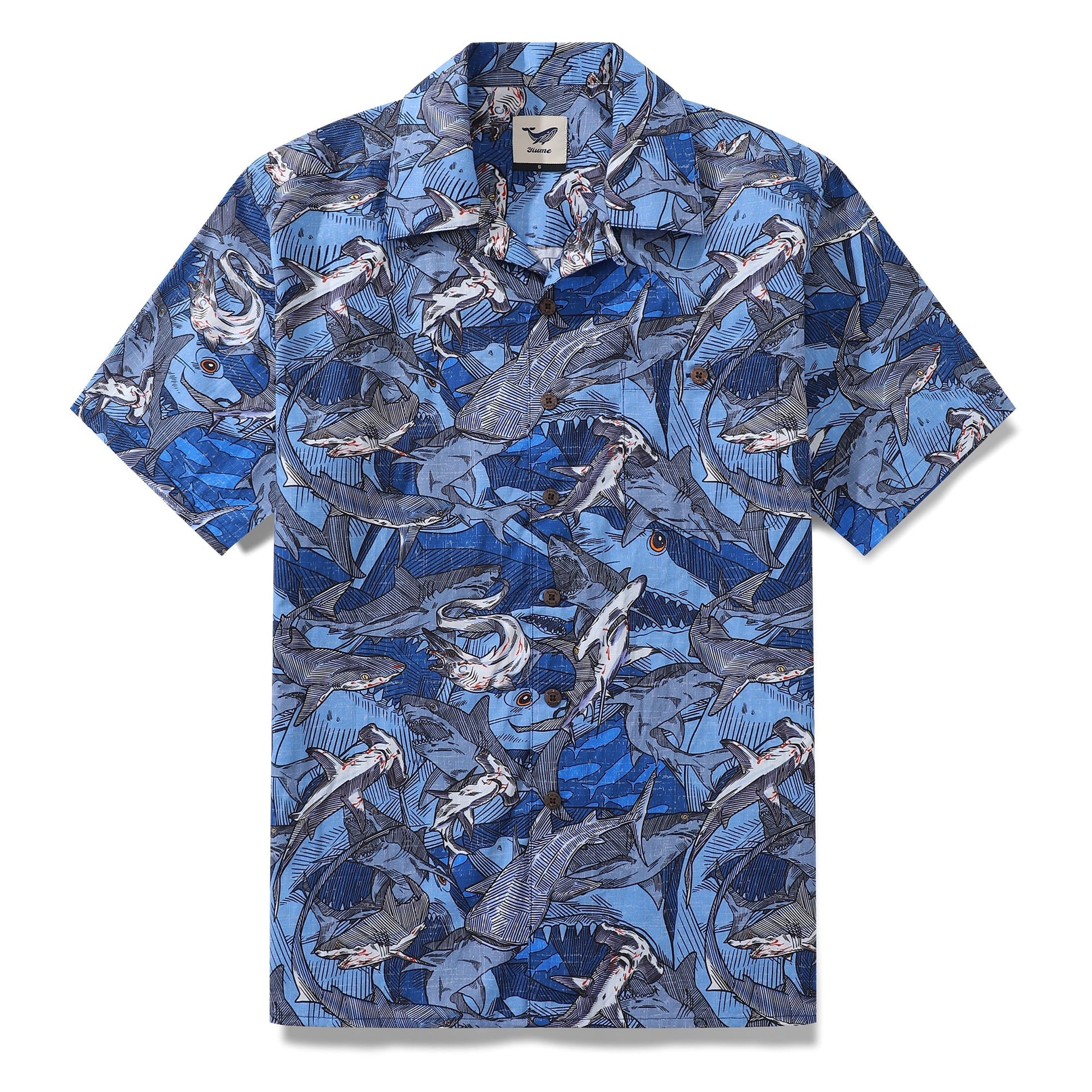 Navy blue Hawaiian camp shirt with an all-over shark pattern