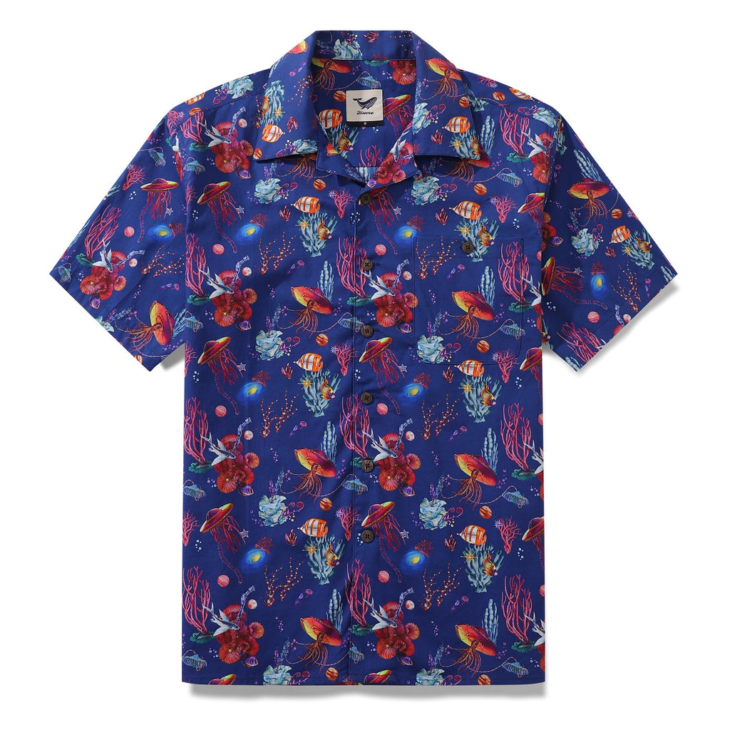 Men's blue, red, orange, and yellow Sea Trek print cotton camp collar shirt