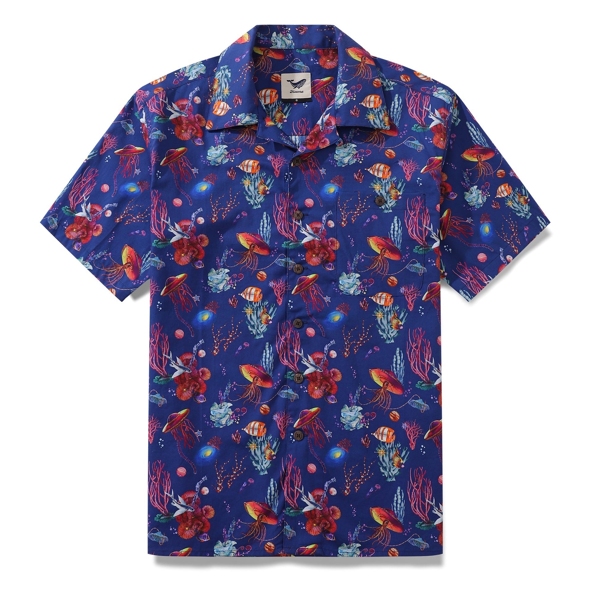 Men's blue, red, orange, and yellow Sea Trek print cotton camp collar shirt