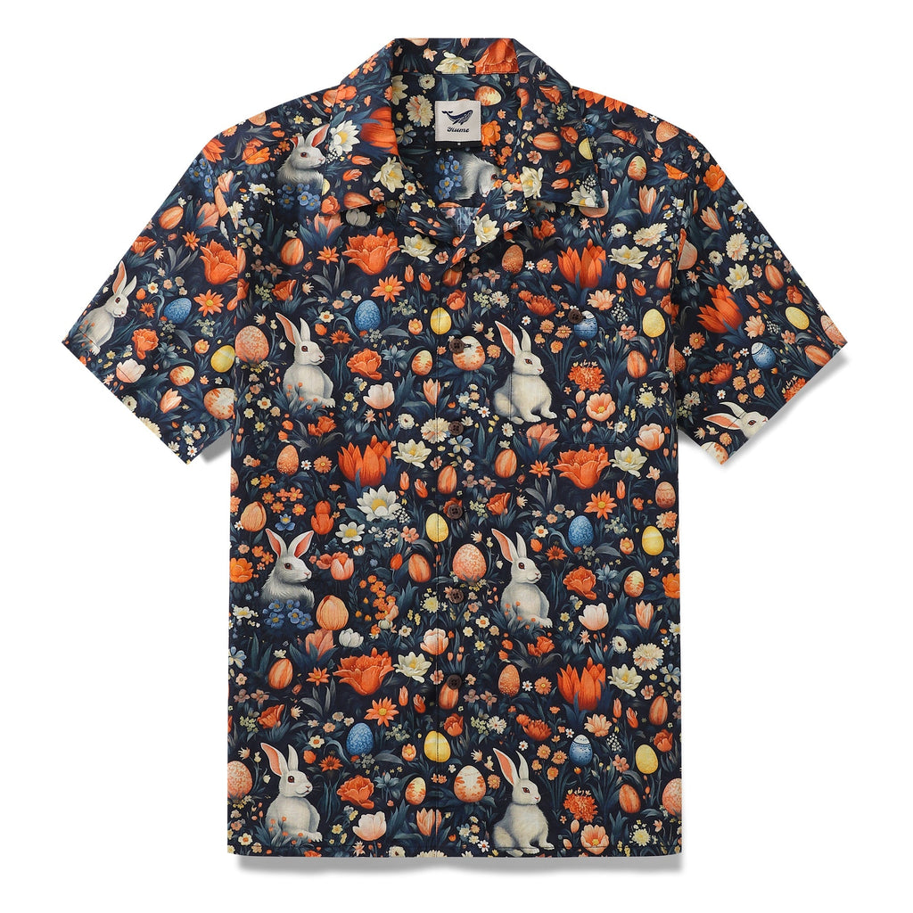 Men wearing a whimsical Easter-themed camp collar shirt with bunny and egg prints.