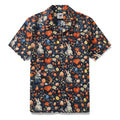 Men wearing a whimsical Easter-themed camp collar shirt with bunny and egg prints.