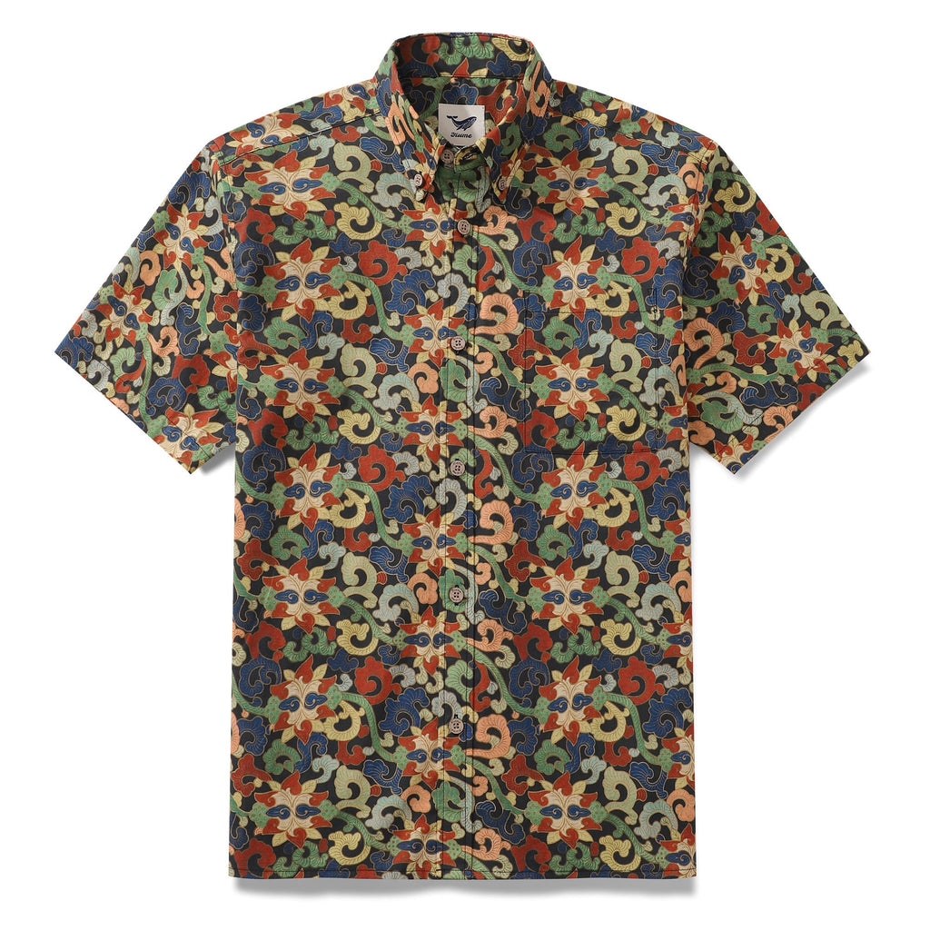 Men's short sleeve black button-down Aloha shirt with colorful botanical garden print