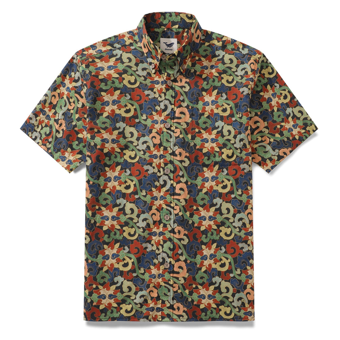 Men's short sleeve black button-down Aloha shirt with colorful botanical garden print