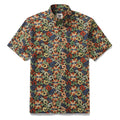 Men's short sleeve black button-down Aloha shirt with colorful botanical garden print