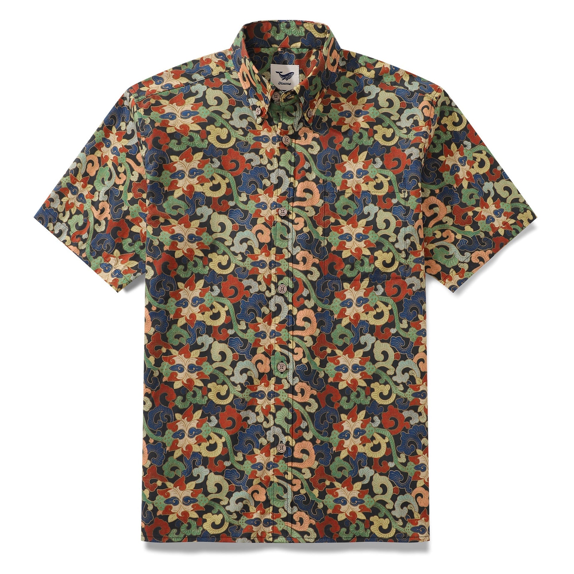Men's short sleeve black button-down Aloha shirt with colorful botanical garden print