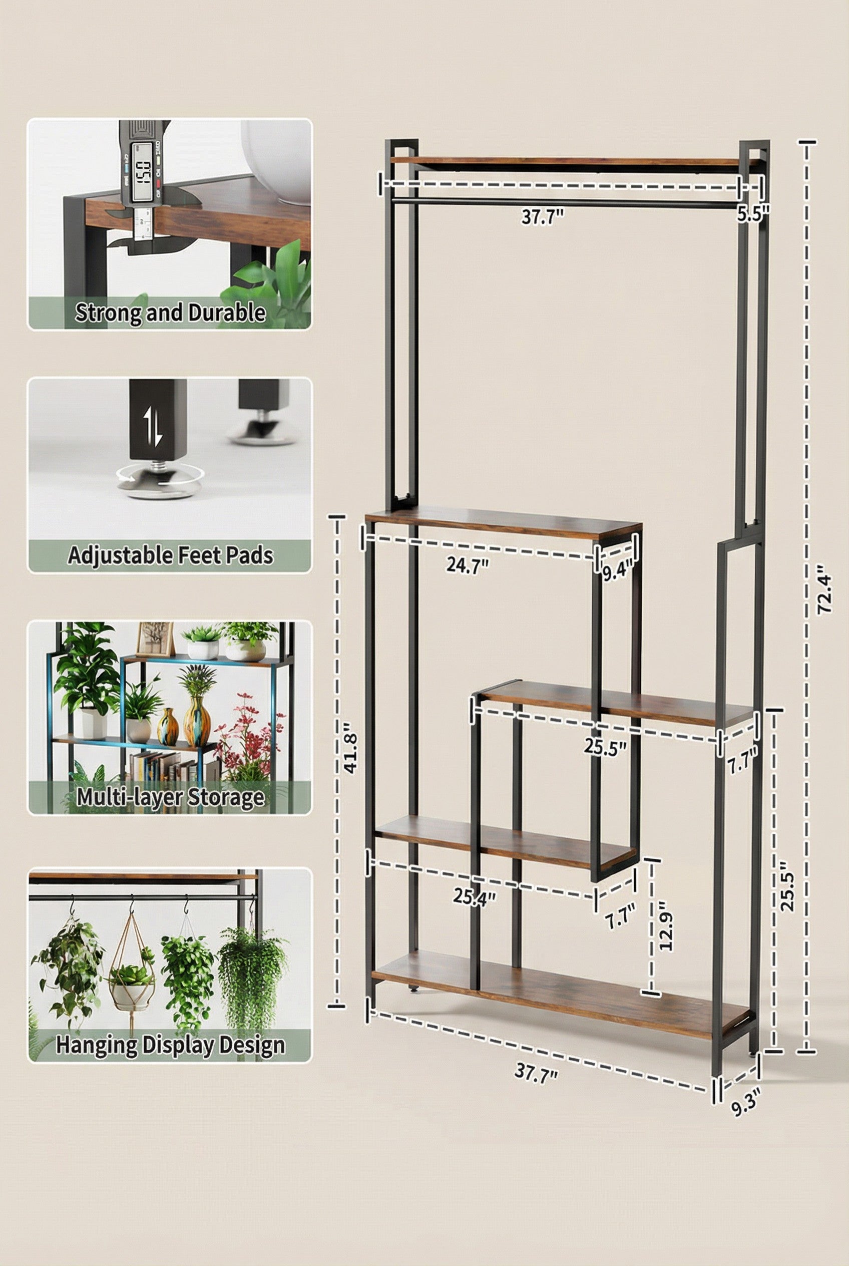 5-Tier Industrial Metal Display Shelf with LED Lighting