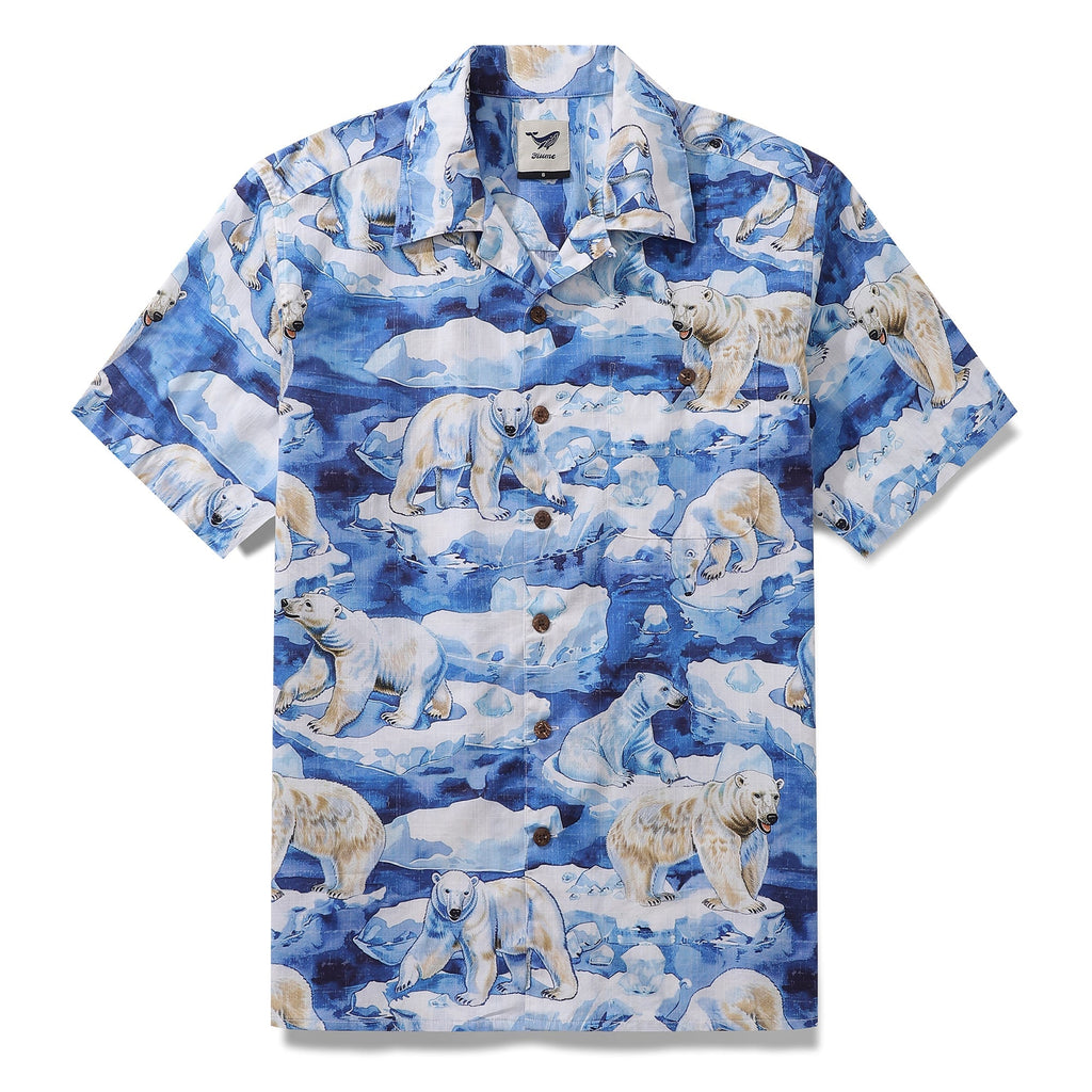 Men's camp collar Hawaiian shirt with polar bear and ice print