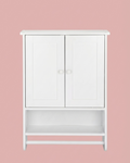 Modern white wall-mounted storage cabinet in a minimalist bathroom setting