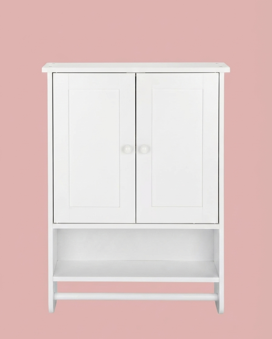 Modern white wall-mounted storage cabinet in a minimalist bathroom setting