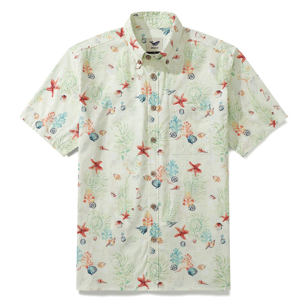 Men's coastal-themed Hawaiian shirt with shell and starfish print