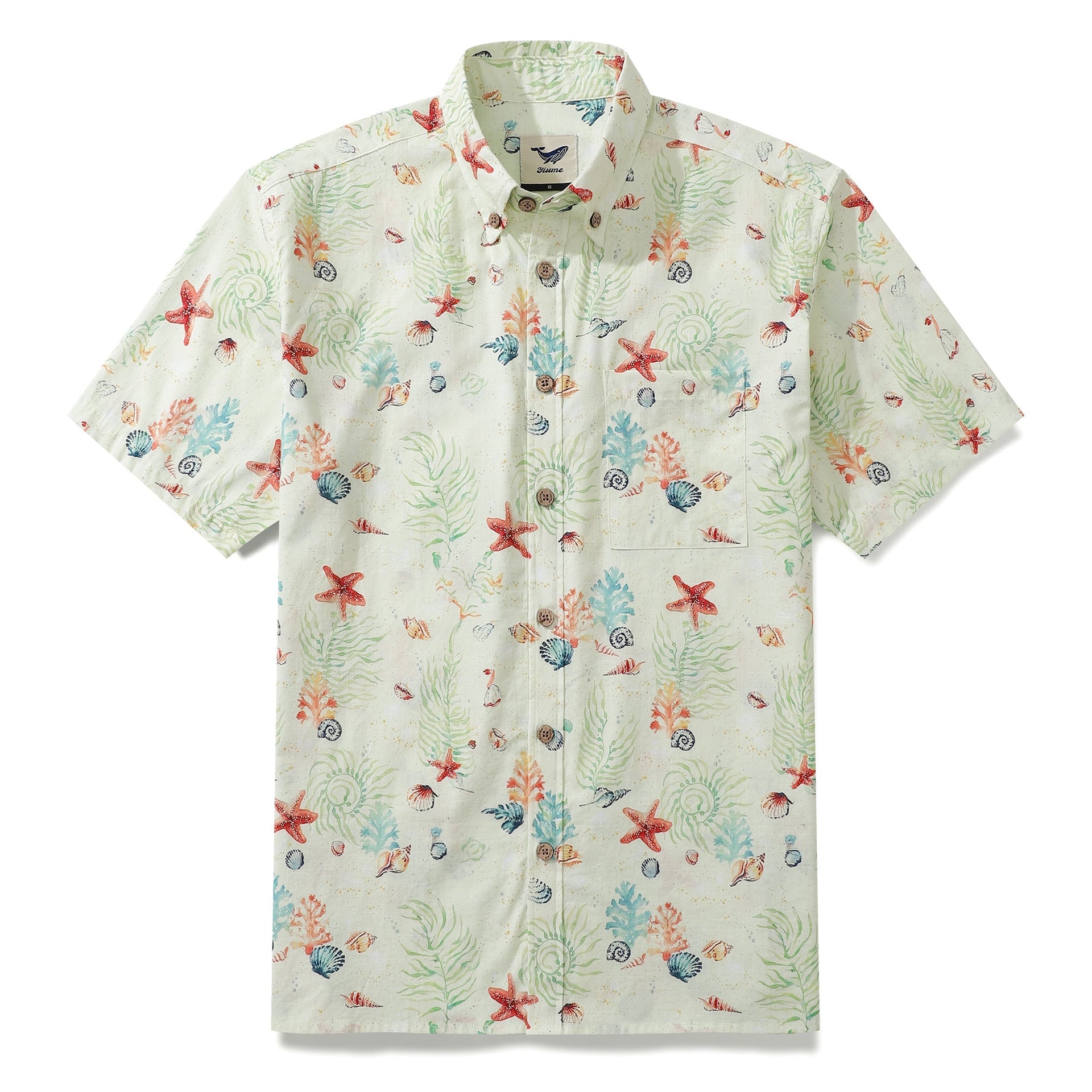 Men's coastal-themed Hawaiian shirt with shell and starfish print