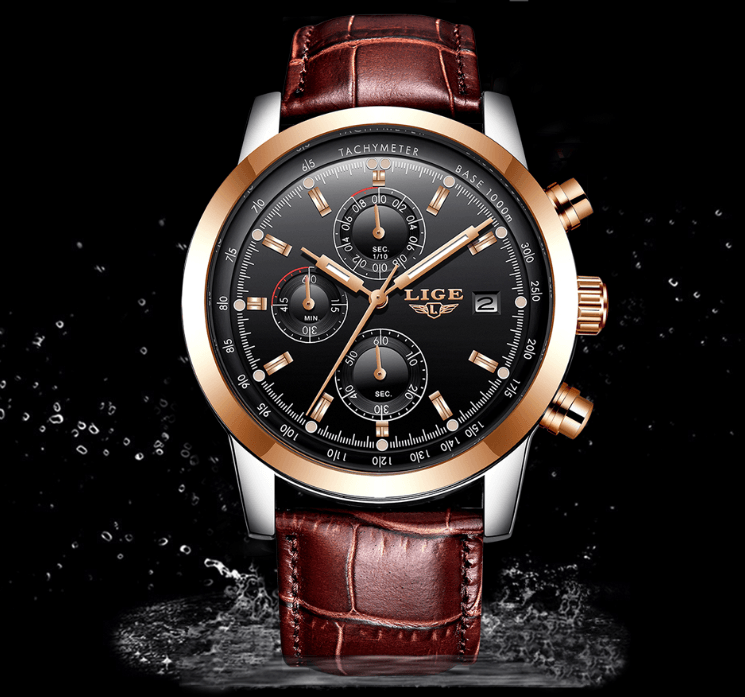 Waterproof Men's Quartz Watch with Chronometers and Brown Strap